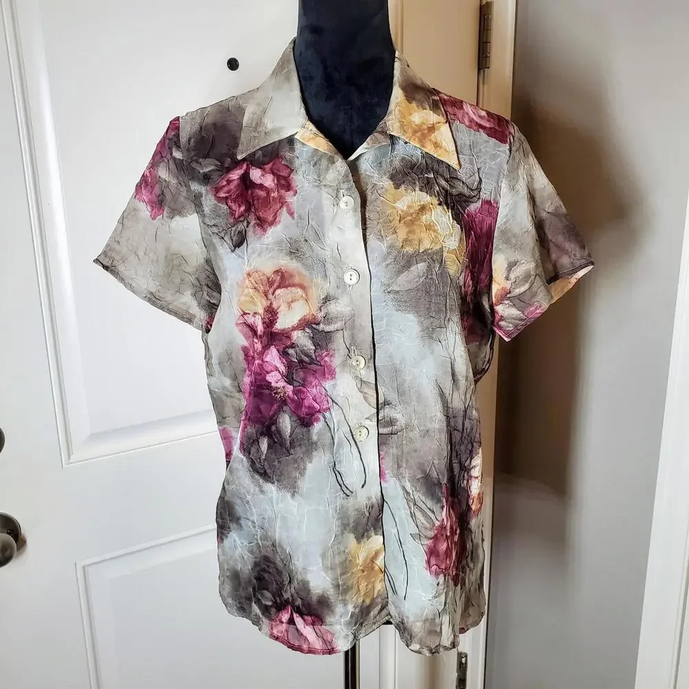 67 Karol Place Vintage Floral Sheer Short Sleeve Button Down Blouse Size Medium - Picture 8 of 12
